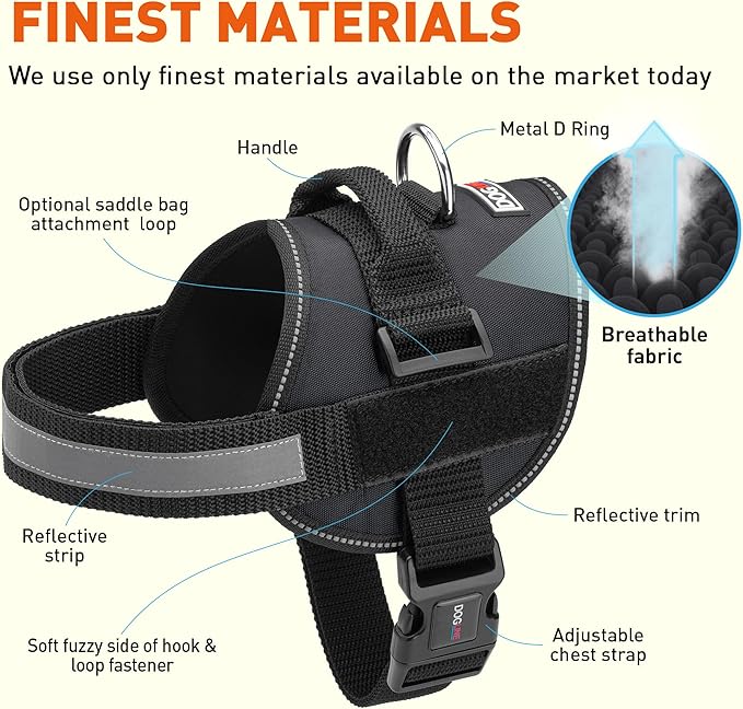 Dogline Dog Harness, Reflective No-Pull Adjustable Vest with Handle for Walking, Training, Breathable, No - Choke Harness for Small, Medium or Large Dogs Room for Patches Girth 27 to 34 in Black