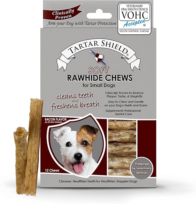 Tartar Shield Soft Rawhide Chews | Safe Dental Treats for Small Dogs | Vet VOHC Approved | Daily Bone Cleans Teeth & Gums Fresh Breath Oral Health Support | USA Made | (Small Dogs / 12 Count)