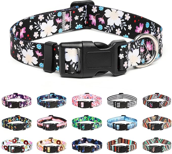 Mercano Adjustable Dog Collar - Special Design Patterns, Soft Nylon Comfortable Durable Pet Collar for Small Medium Large Dogs (L, Floral White)