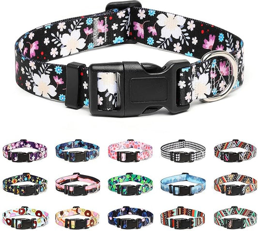 Mercano Adjustable Dog Collar - Special Design Patterns, Soft Nylon Comfortable Durable Pet Collar for Small Medium Large Dogs (S, Floral White)