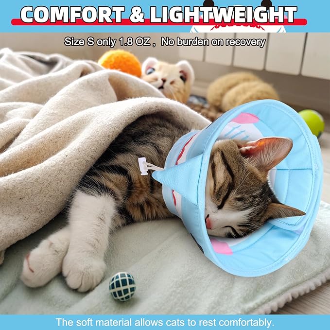 KOOLTAIL Cat Cone Collar, Adjustable Soft Comfortable Cat Recovery Collar to Stop Licking, Foldable Donut Water Resistant Pet Cone for Small Large Cats Kittens After Surgery Shark S