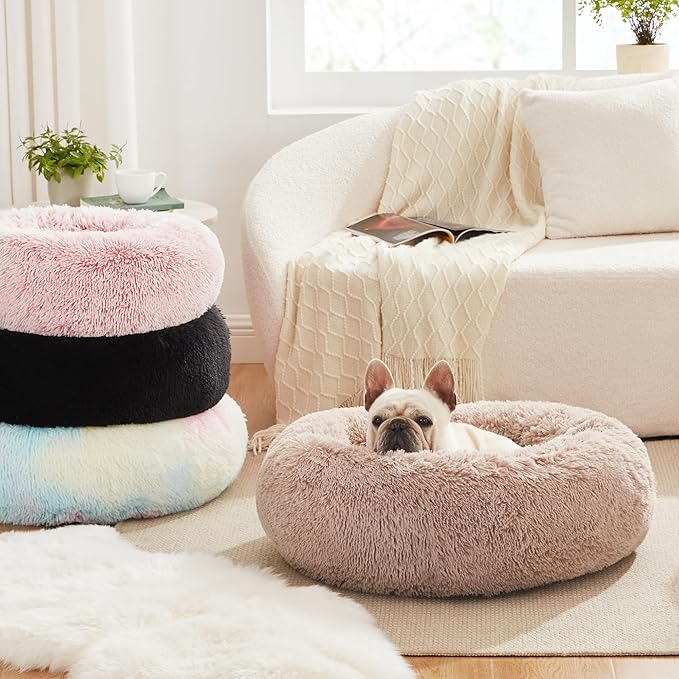 Love's cabin Calming Cat Bed for Indoor Cats,Anti-Anxiety Donut Round Dog Bed,Fluffy Faux Fur Washable Pet Bed for Small Medium Dogs and Cats,Black,24in