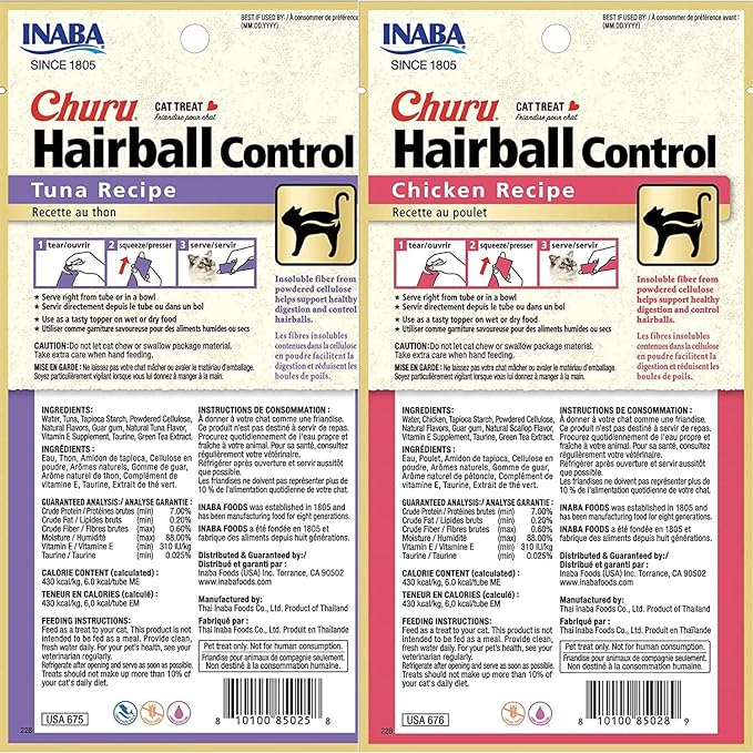 INABA Churu for Cats, Functional, Creamy Lickable Purée Cat Treat for Hairball Control, 0.5 Ounces Each, 24 Tubes (4 per Pack), 2 Flavor Tuna and Chicken Variety Pack