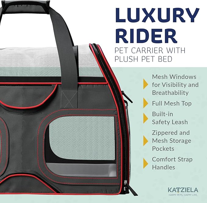 Katziela Pet Carrier - Airline Compliant - TSA Approved Pet Carrier for Small Dogs and Cats - Soft FAA Travel Airplane Dog Carrier Luggage (Black/Red)