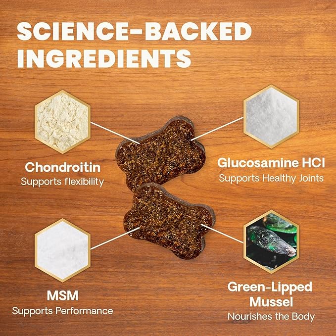 VetriScience Ultimate Strength Healthy Hip & Joint Chews, GlycoFlex Glucosamine, Chondroitin and Green-Lipped Mussel Joint Support Supplement for Dogs, Soothe Joint Discomfort, Duck, 60 Count