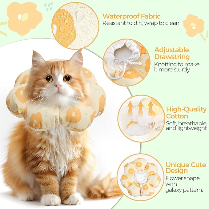ComSaf Cat Cone Collar Soft - Cat Cones to Stop Licking e Collar for Cats After Surgery, Elizabethan Collar for Kitten Recovery, Comfortable Soft e Collar Cone for Small Cats, Yellow Flowers, S