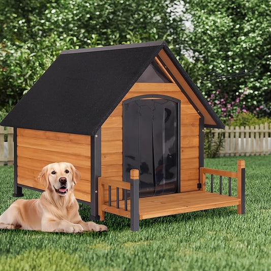 Large Dog House Outdoor Weatherproof with Porch, All-Metal Frame Chew-Proof Dog Kennel with Asphalt Roof, for Small Medium Large Dogs