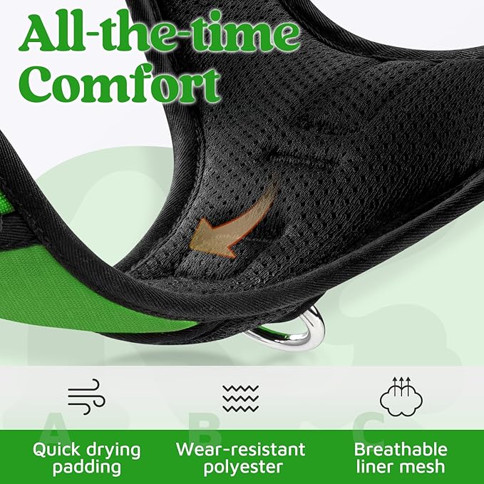 rabbitgoo Dog Harness Medium Sized, No Pull Dog Vest with 3 Buckles, Adjustable Soft Padded Pet Harness with Easy Control Handle and Reflective Strips, Green, M