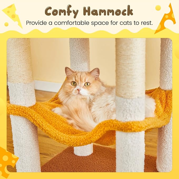 MWPO Cat Tree, 63.8-Inch Cat Tower for Indoor Cats, Multi-Level Cat Condo with 5 Scratching Posts, 2 Perches, Hammock, Dangling Toys, Yellow