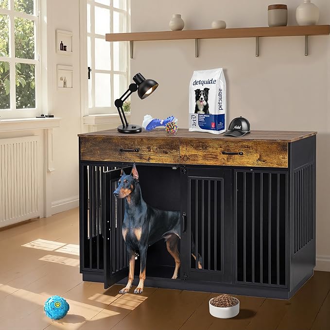 VECELO Dog Crate Furniture for Medium/Large Dogs, Wooden Dog Cage with Drawers, Double Door, Dog Kennel End Table, Brown