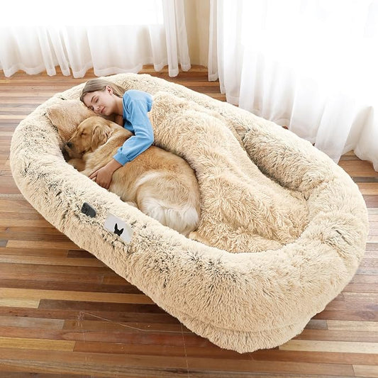 Human Dog Bed, 71''x45''x12'' Size Fits You and Pets, Washable Faux Fur Pet Bed for People Doze Off, Napping Orthopedic Dog Bed, Present Plump Pillow, Blanket, Strap - Beige