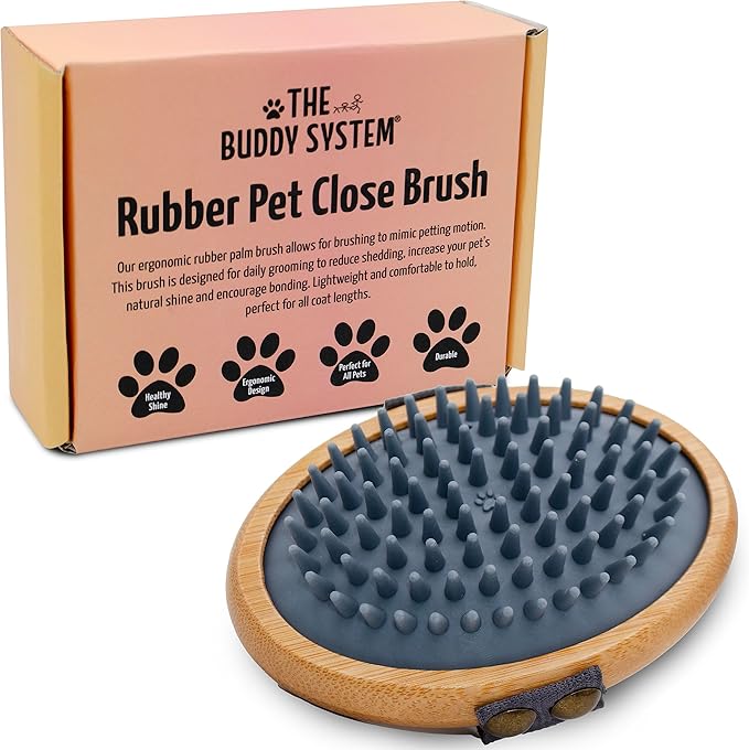 The Buddy System Rubber Pet Close Brush, Soft Touch Oval Palm Brush - Bamboo Massage Handheld with Rubber Bristles and Elastic Band for Dogs and Cats - Gray