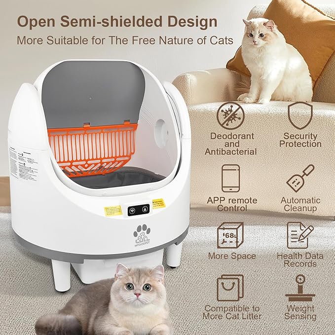 Self Cleaning Cat Litter Box, Automatic Cat Litter Box for Multiple Cats, Open-Top Design with Safety Protection, Smart Health Monitor, Smart App Control, Odor-Free