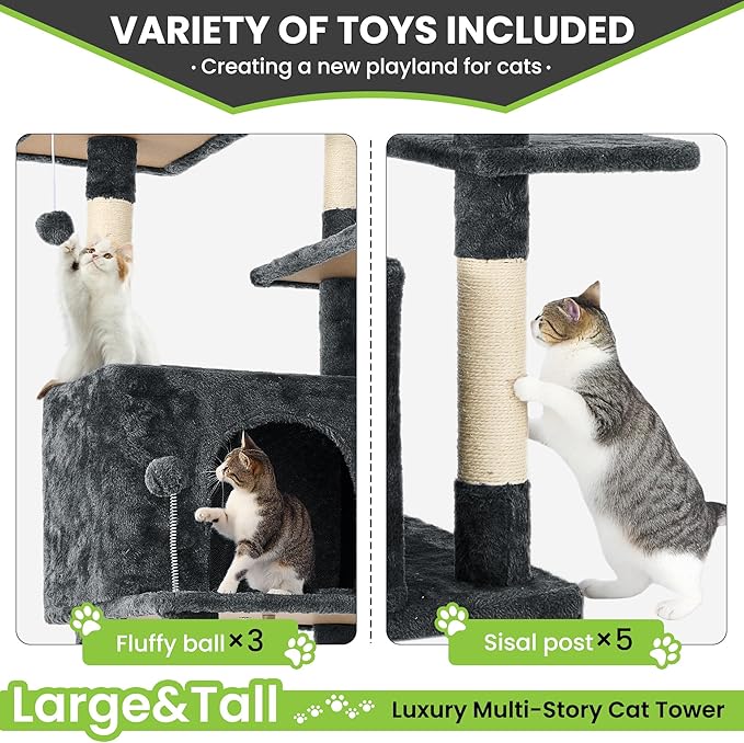 69in Large Cat Tree Tower for Indoor Cats with Soft Plush Hang Ball, Two Condos, Sisal Scratch Posts & Rope Play for Kittens/Adult Cats, Deep Grey