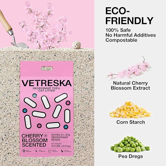 VETRESKA Cherry Blossom Tofu Cat Litter,Natural Kitty Litter Strong Clumping Flushable Cat Litter Pellets Ultra Absorbent,Dust-Free,Low Tracking,Deodorant Tofu Litter Compostable(5.5lb×2bags)