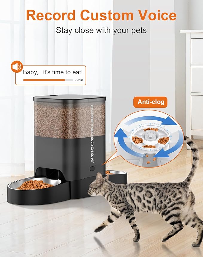 HoneyGuaridan Automatic Cat Feeder for Two Cats, 5G WiFi Smart Feed Pet Feeder with Stainless Steel Bowl,APP Control Dispenser, Dual Power Supply,Desiccant Bag,10s Meal Call Black