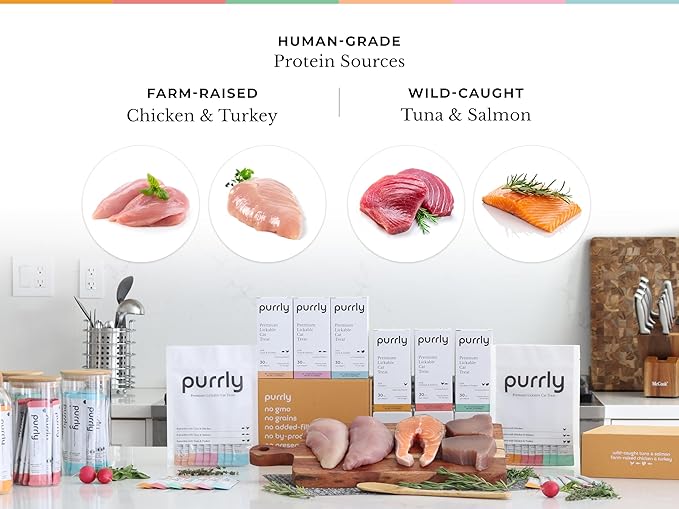 Purrly Interactive Lickable Cat Treats Low Calorie Human-Grade Chicken Breast & Turkey with L-Lysine & Astaxanthin for Immunity (30 Count) Non-Seafood Hydrating BPA-Free for All Ages