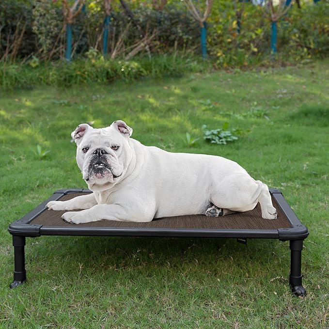 Veehoo Chew Proof Elevated Dog Bed - Cooling Raised Pet Cot - Rustless Aluminum Frame and Durable Textilene Mesh, Unique Designed No-Slip Feet for Indoor or Outdoor Use, Brown, Medium, CWC2002