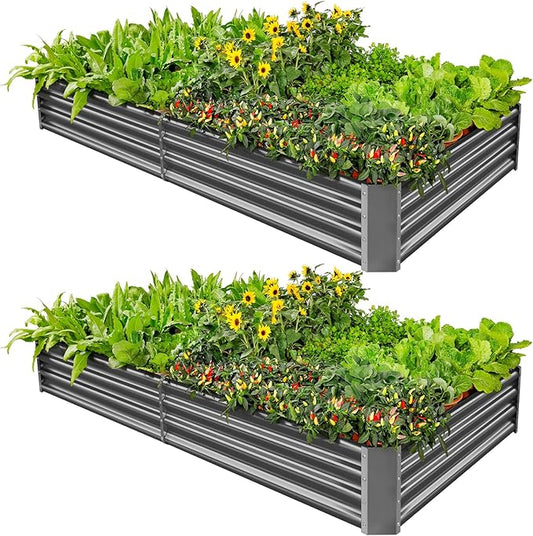 Land Guard 2 Pack 8×4×1ft Galvanized Metal Raised Garden Bed, Metal Planter Kit Box Outdoor for Deep-Rooted Vegetables, Flowers, Green and Herbs (Mid-Grey)