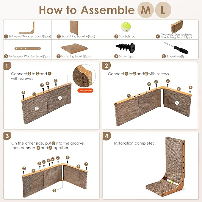 EHEYCIGA Cardboard Cat Scratcher for Indoor Cats, 26.8 Inch L Shaped Vertical Cat Scratching Board with Ball Cat Toy, Large Cat Scratcher Pad, White