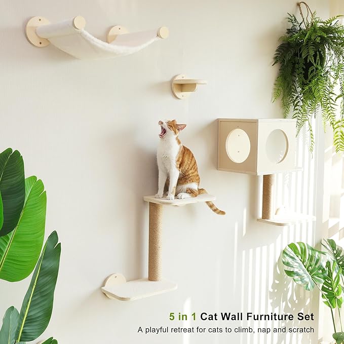 FUKUMARU Cat Wall Shelves, 5-Piece Stable Wooden Wall-Mounted Furniture Set, Kitty Climber with Hammock, House, Steps, Scratching Post (Beige)