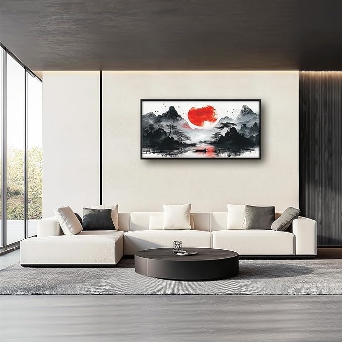 Framed Large Japanese Mountain Wall Art for Living Room, Oversized Asian Red Sun Lake Landscape Wall Decor Nature Canvas Painting Home Decoration for Living Room Bedroom Office 60"x30"