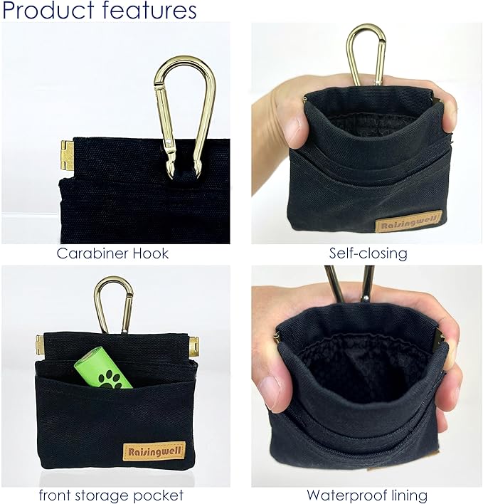 Dog Treat Pouch, Black Pocket Sized Pet Training Pouch, Cotton Fabric, Hand Free Dog Walking Bag with Carabiner, Self-Closing Pet Feed Snack Reward, for Pet Puppy Travel or Outdoor Use