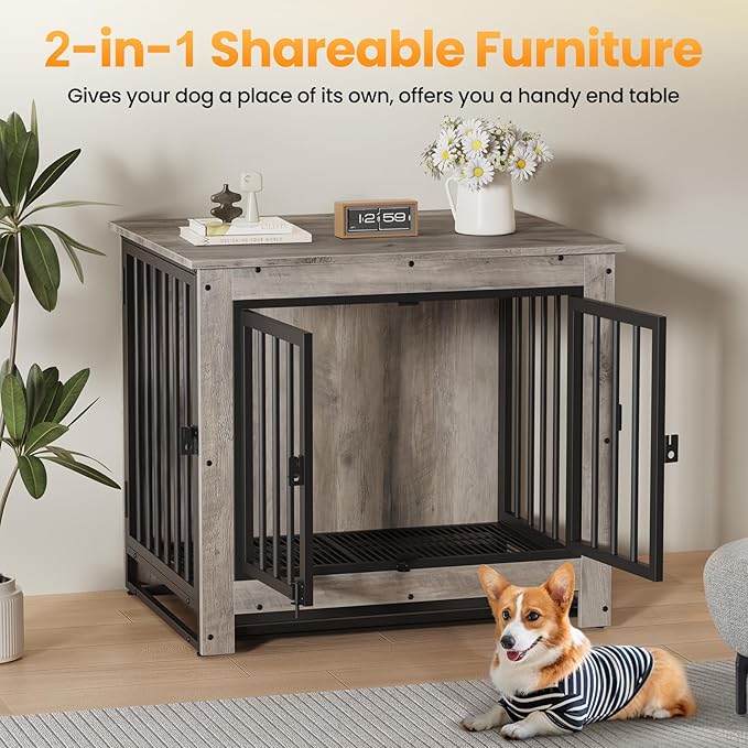Dog Crate Furniture, Dog Crate End Table for Small and Medium Dogs,Wooden Cage Kennel Furniture Indoor, Modern Dog Crate with Multi-Purpose Removable Tray, Double-Doors Dog Furniture, Greige