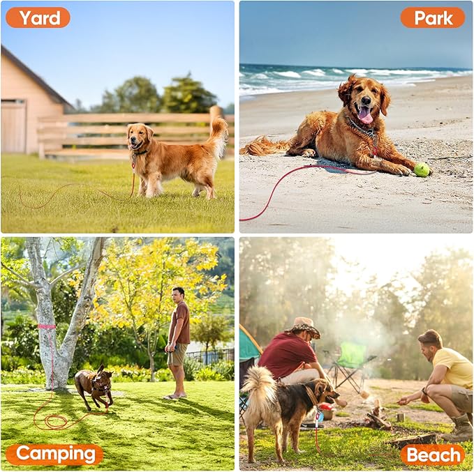 Tresbro 100FT Red Reflective Tie Out Cable for Dogs Up to 250 Pounds, Steel Wire Lead Leash with Stainless Rotatable Buckle, Lightweight and Enduring, Dog Chains Outside for Outdoor,Yard,Camping