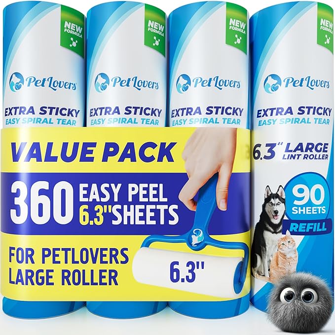 PetLovers 6.3" Extra Sticky Lint Roller 4 Pack of Large Refills Only - No Handle Included - 90 Sheets Per Refill 360 Sheets Total 4 Pack