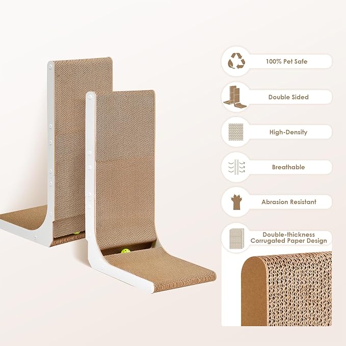 EHEYCIGA Cardboard Cat Scratcher for Indoor Kitten Cats, 19 Inch L Shaped Vertical Cat Scratching Board with Ball Cat Toy, Small Cat Scratcher Pad, White