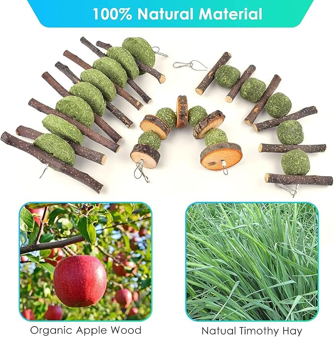 ERKOON Bunny Chew Toys, Rabbit Chew Toys for Teeth Grinding, Improve Dental Health, 100% Natural Apple Wood Timothy Grass Cake Treats for Rabbits Guinea Pigs Chinchillas Bunnies Hamsters (9 Pcs)