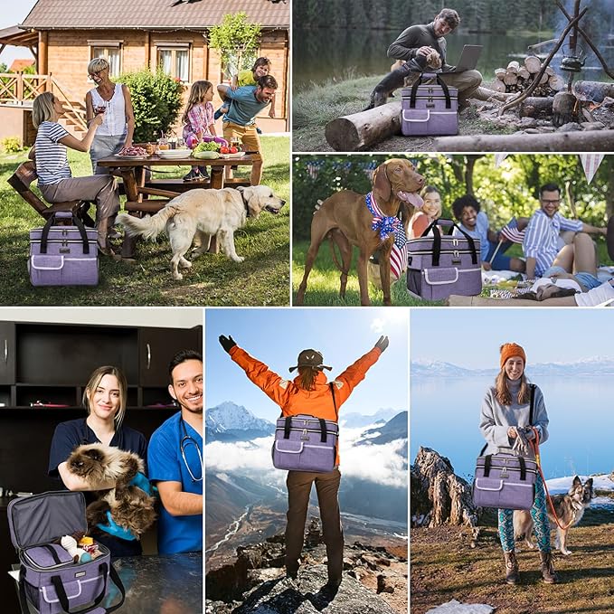 BAGLHER Dog Travel Bag for Supplies - Double-Layer Airline Approved Weekend Pet Travel Organizer Set for Dog and Cat Tote with 2 Pet Food Containers and 2 Collapsible Silicone Bowls Purple