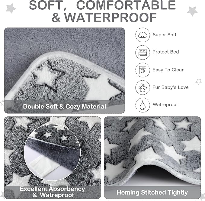 Reginary 4 Pcs Waterproof Guinea Pig Blankets Washable Small Animal Fleece Bedding Absorbent Guinea Pig Cage Liners Reusable Pet Pee Pad Sleep Mat for Hamster Ferret (Gray Star,24 x 16 Inch)
