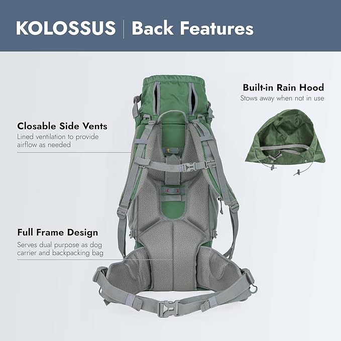 K9 Sport Sack Kolossus - Large, Myrtle Green - The Big Dog Backpack - Ideal for Dogs 20-22” Long - Fully Adjustable Pet Carrier - Doubles as a Professional-Grade 60L Hiking Pack