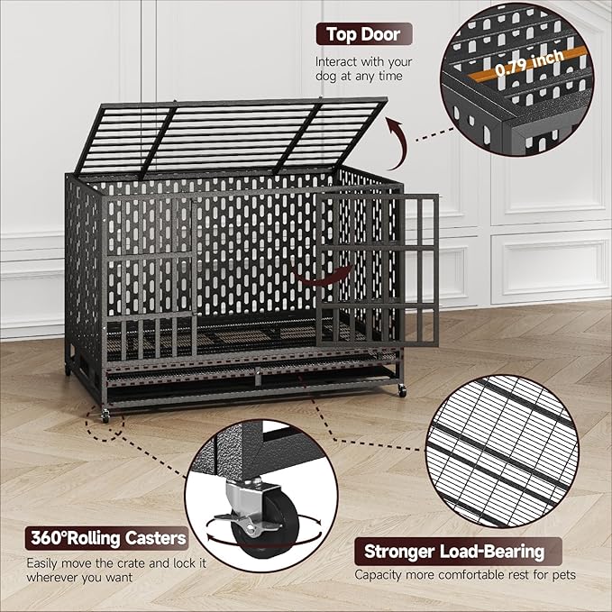 48/42 Inch Heavy Duty Indestructible Dog Crate Steel Escape Proof, Indoor Double Door High Anxiety Cage, Kennel with Wheels, Removable Tray, Extra Large XL XXL