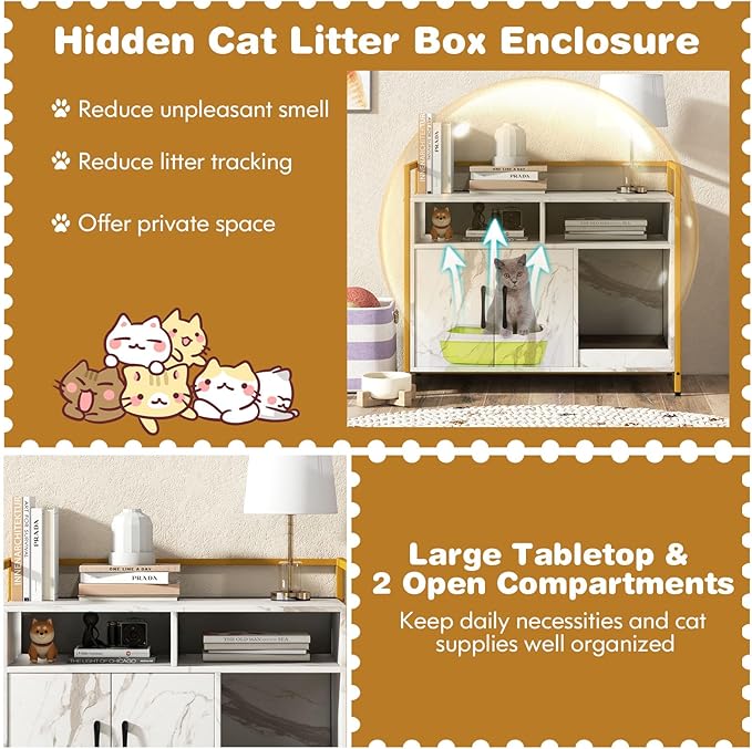 Tangkula Litter Box Enclosure, Modern Cat Litter Box Furniture with Metal Frame, Scratching Board, Storage Compartment, Hidden Cat Washroom (Marble White)