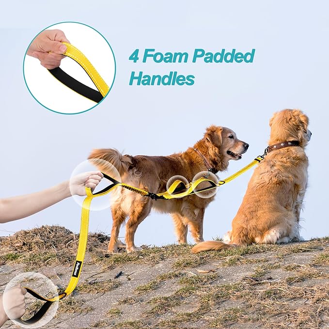 PetBonus Double Dog Leash, No Tangle Dual Leash, Reflective Walking Training Lead, 4 Comfortable Padded Handles for 2 Dogs with Collapsible Bowl and Waste Bags (Yellow, Large)