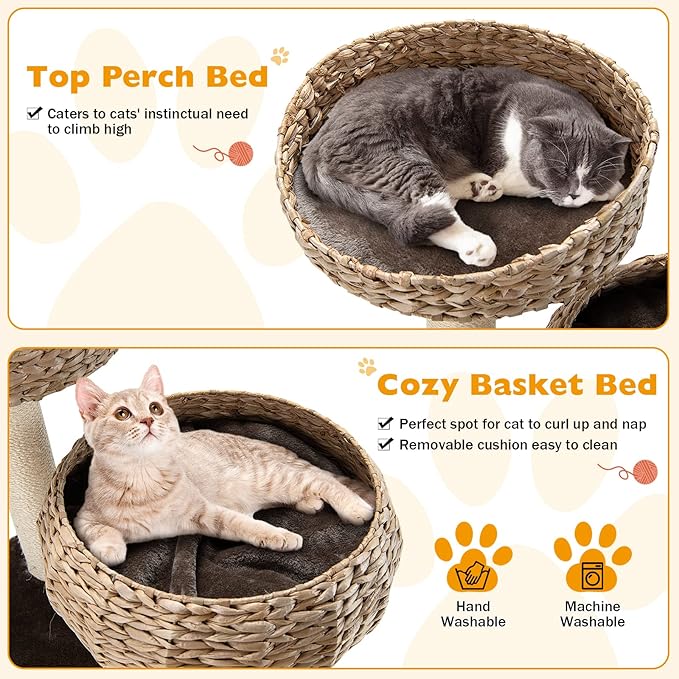 Tangkula Modern Cat Tree for Indoor Cats, Small/Tall Cat Tower with Natural Sisal Scratching Post, Hand-Made Wicker Cat Condo & Top Perch, Funny Hanging Toy Ball, Cute Cat Tree Tower for Large Cats