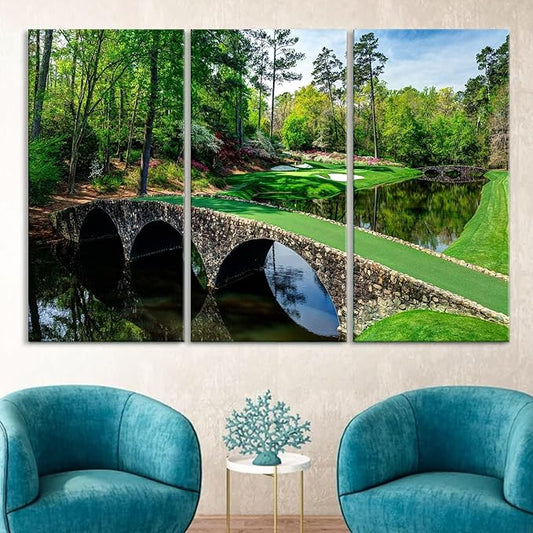 Nature Wall Art Prints - Ocean Forest Mountain Lake Canvas Landscapes - Small to Extra Large Living Room Bedroom Kitchen Bathroom Décor (Golf Course with Stone Bridge, 31L" x 47W" - 3 Panels)