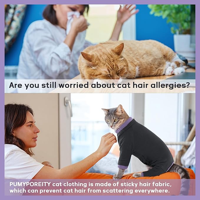 Pumyporeity Sticky Cat Clothes - Soft Cat Sweater for Hair Loss Prevention, Recovery Suit After Surgery, Black, XS