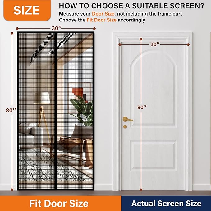 Magnetic Screen Door，Fiberglass Screen Door Mesh，Keep Bugs Out, Heavy-Duty Mesh Curtain,Pet and Kid Friendly, Works with Front Doors, Sliding Doors（32x80 Inch Fiberglass