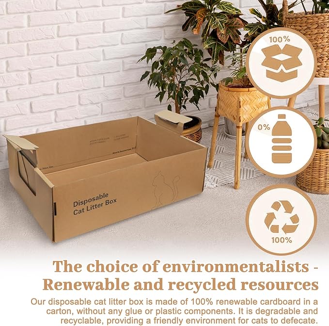 3-Pack Disposable Litter Boxes for Cats,Disposable 100% Renewable Cardboard Foldable Litter Boxes,Large-Capacity Portable Cardboard Cat Litter Box,Waterproof Travel Litter Box,17.2'' x 12.2'' x 5.3''