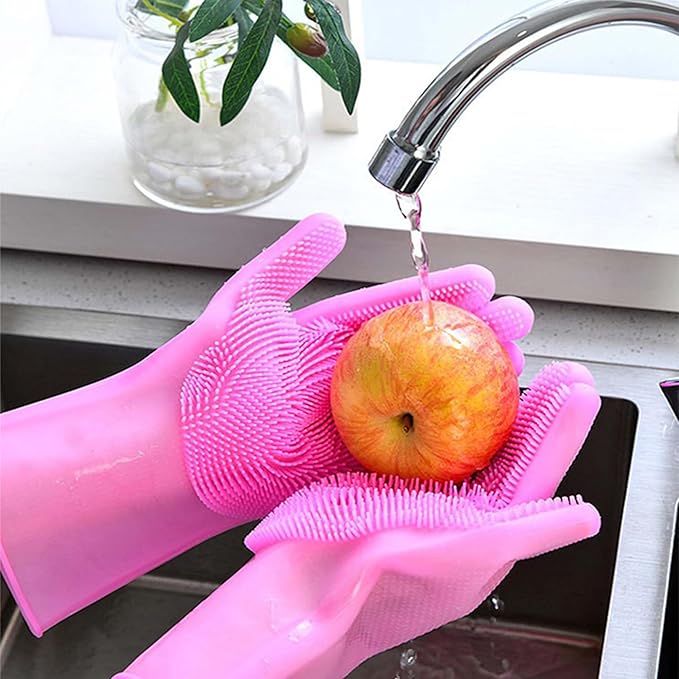 Pet Grooming Gloves，Heat-Resistant Silicone Gloves with High-Density Teeth for Enhanced Massaging and Bathing of Dogs and Cats (Pink, 1 Pair)