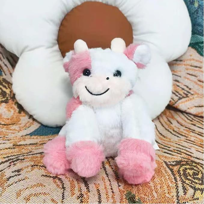 Pink and White Cow Weighted Stuffed Animal 20cm/7.87in Cute Sitting Cow Plush Toy with Smile Soft Fluffy Small Farm Plushie for Kids Adults Birthday Festival Gift Bed Home Office Decor Toys