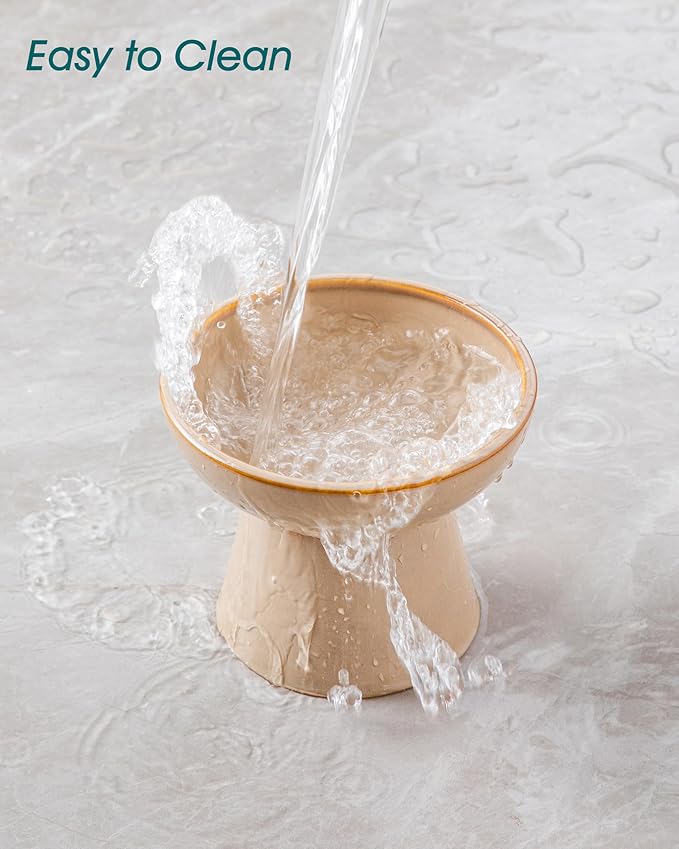 vancasso Ceramic Elevated Cat Bowls 2-Pack - 6.2" Extra Wide Raised Cat Food & Water Dishes, 5.1" Optimal Height Anti-Whisker Fatigue Shallow Bowls for Cats/Kittens/Dogs, Lead & Cadmium Free (Brown)