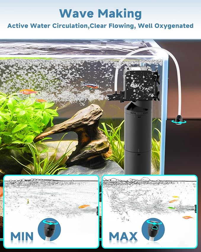 AQQA Dual-Use Aquarium Filter,Fish Tank Filter + Small Water Pump,Filtration,Wave-Making,Dissolved Oxygen,Water Circulation,Water Changes,Fountains Multifunctional Pump,Saltwater Freshwater (25W)