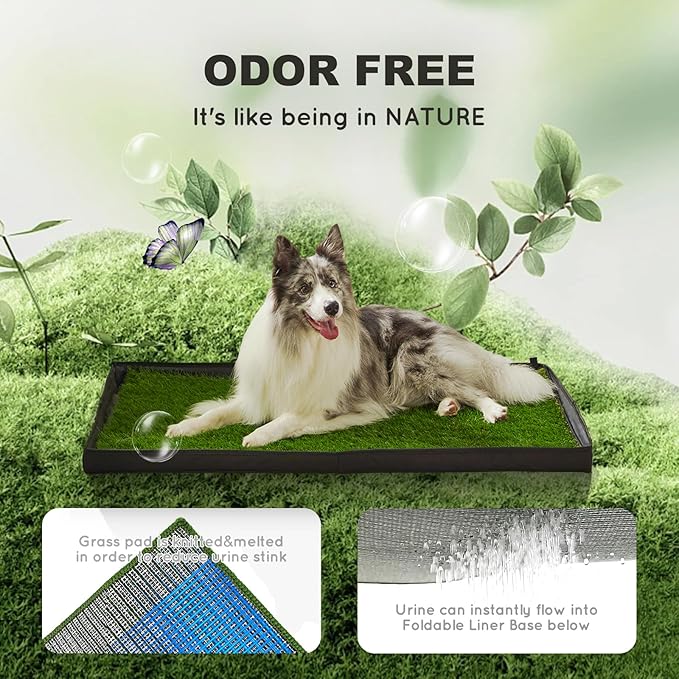 Dog Grass Pad with Foldable Dog Litter Box,Extra Large Liner Base for Balcony，Ultra-Absorbent Artificial Grass Pads for Dogs Pee Pad Holder, Potty Training, 2 PCS Reusable Pee Pad