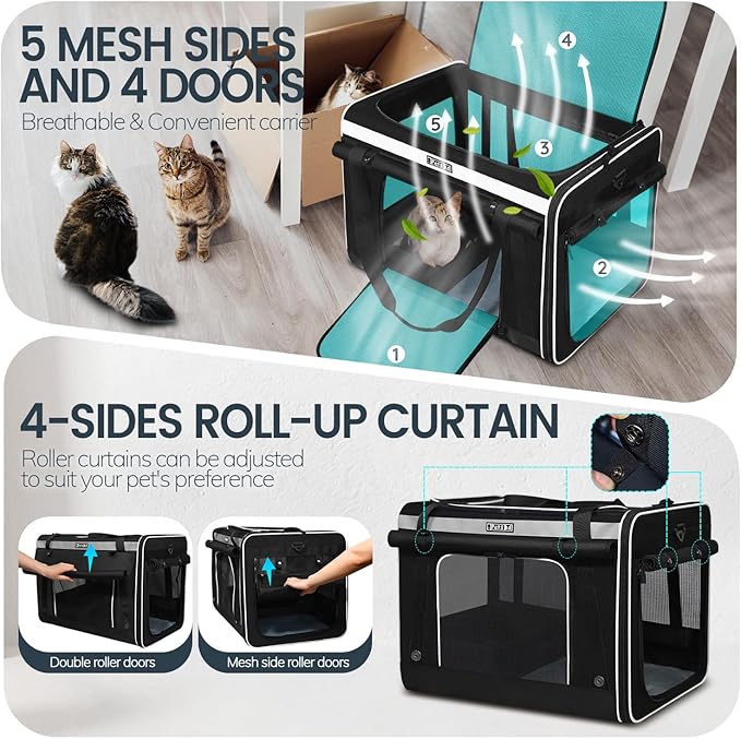 Petskd Extra Large Cat Carrier with Wheels and Litter Box, 24"x17"x17" Rolling Soft Carrier Until 55LBS Pets with 5 Breathable Mesh Windows and Locking Zippers for Long Distance Car Travel(Black)