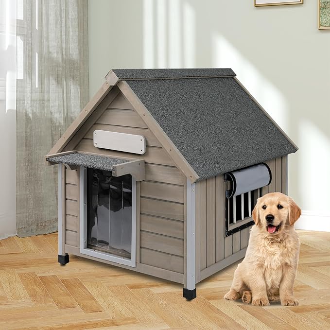Outdoor Dog House Weatherproof Large Wooden Dog Kennel Indoor for Small Dogs with Chew-Proof Frame, Oxford Fabric Window, Removable Floor Pet Shelter (Grey, 26" D x 31.9" W x 32" H)